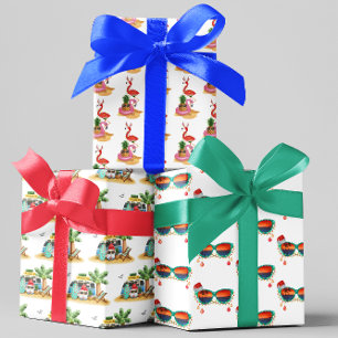 Feuille De Papier Cadeau Flamant rose de Noël Tropical Beach Père Noël