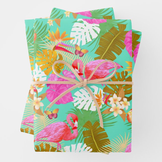 Feuille De Papier Cadeau Flamant rose Garden Turquoise (En situation)