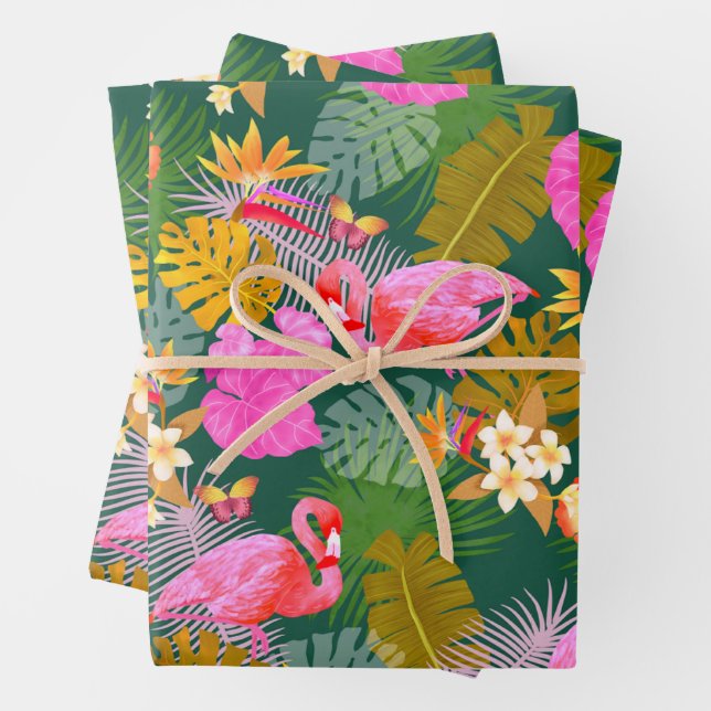 Feuille De Papier Cadeau Flamant rose Garden Vert foncé (En situation)