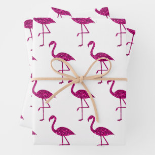 Feuille De Papier Cadeau Flamant rose pailleté motif blanc à paillettes ros