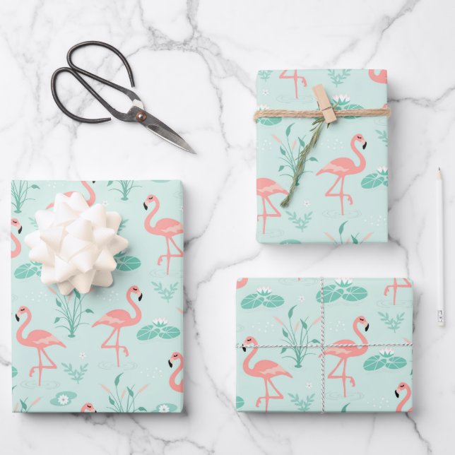 Feuille De Papier Cadeau Flamant rose Rose vert Tropical Oiseaux tendance (Recto)