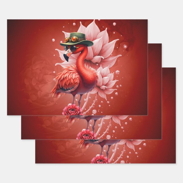Feuille De Papier Cadeau Flamant rose Steampunk - Imaginaire Digital Artwor (Lot)