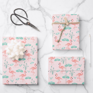 Feuille De Papier Cadeau Flamants roses Palmiers verts Tropicaux 