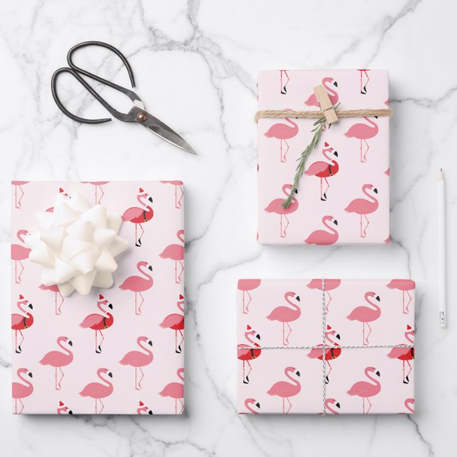 Feuille De Papier Cadeau Flamants roses Père Noël Pink Flamingo Motif Noël  (Recto)