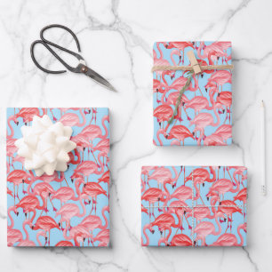 Feuille De Papier Cadeau Flamants roses Roses Clairs Sur Bleu