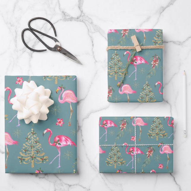 Feuille De Papier Cadeau Flamants roses Roses Kraft Minglant À Une Fête De  (Recto)