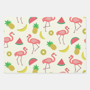 Feuille De Papier Cadeau Flamingo avec pastèque et ananas