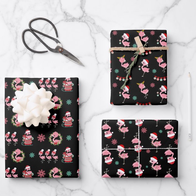 Feuille De Papier Cadeau Flamingo de Noël en noir (Recto)
