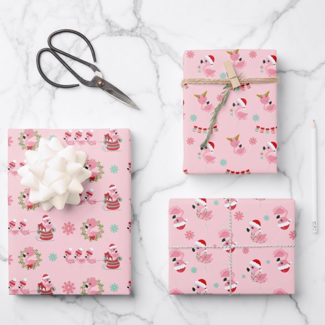 Feuille De Papier Cadeau Flamingo de Noël sur rose (Recto)