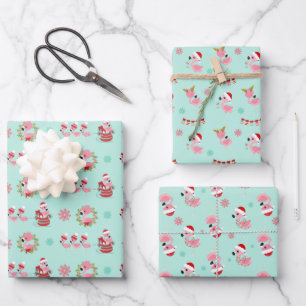 Feuille De Papier Cadeau Flamingo de Noël sur vert