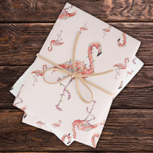 Feuille De Papier Cadeau Flamingo lumineux de Noël drôle blanc rose