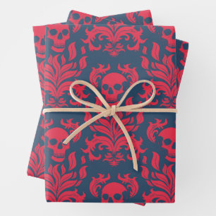 Feuille De Papier Cadeau Flamme crânienne Damas en s'accrochant rouge sur b