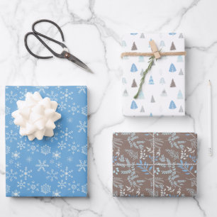 Feuille De Papier Cadeau Flammes de neige Bleu hiver Arbres de Noël
