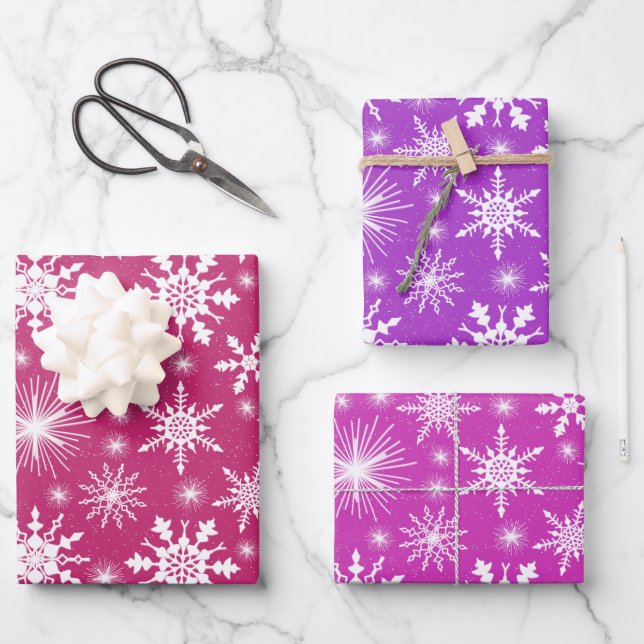 Feuille De Papier Cadeau Flammes De Neige De Noël Rose Et Violet (Recto)