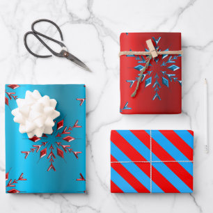 Feuille De Papier Cadeau Flammes de neige et rayures Noël rouge et bleu