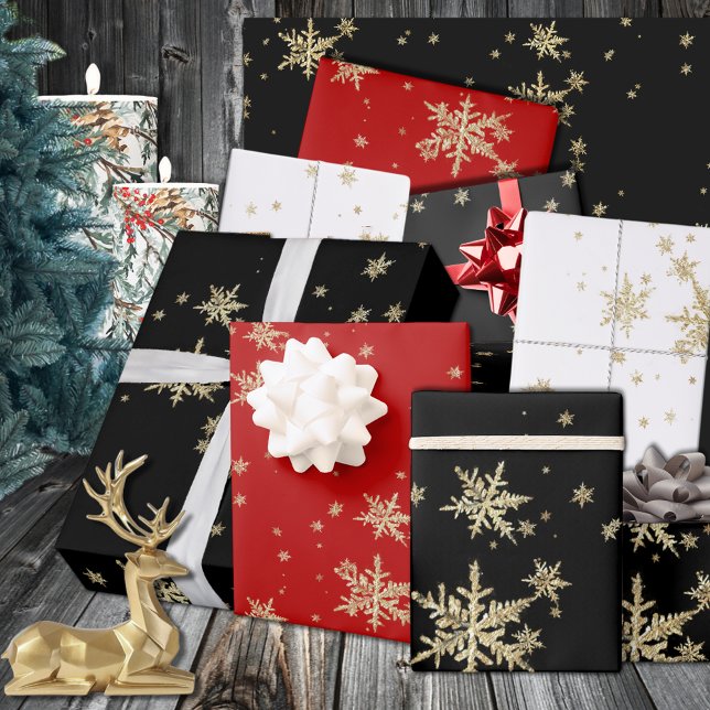 Feuille De Papier Cadeau Flèche De Neige Dorée Dramatique Sur Rouge Noir &  (Dramatic Gold Snowflakes On Red Black & White Wrapping Paper Sheets)