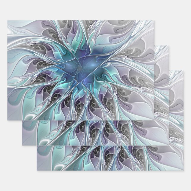 Feuille De Papier Cadeau Fleur Abstraite Fractale Moderne Avec Bleu (Lot)