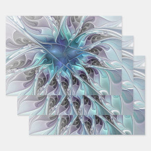 Feuille De Papier Cadeau Fleur Abstraite Fractale Moderne Avec Bleu