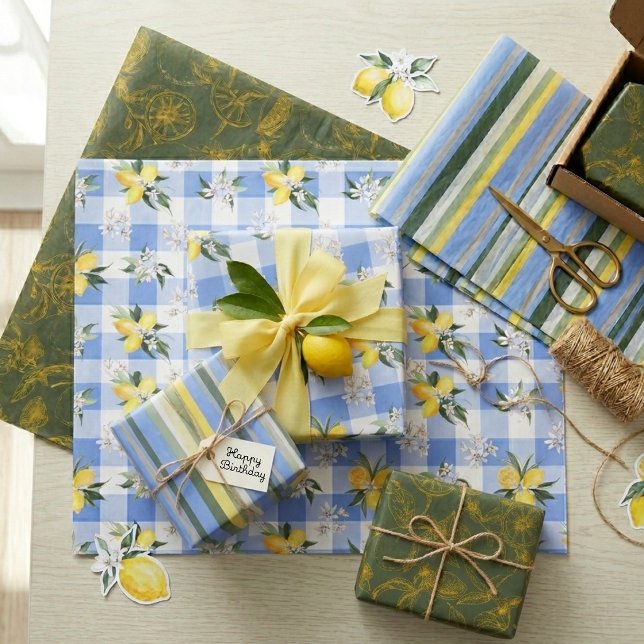 Feuille De Papier Cadeau Fleur de citron et rayures coordonnées (Créateur téléchargé)