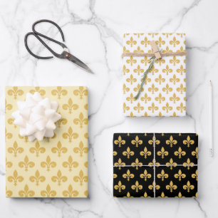 Feuille De Papier Cadeau Fleur de Lis Dorée sur Fond Noir  Or & Blanc