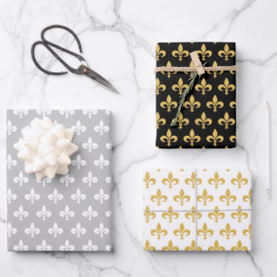 Feuille De Papier Cadeau Fleur de Lis élégante sur fond gris noir et blanc
