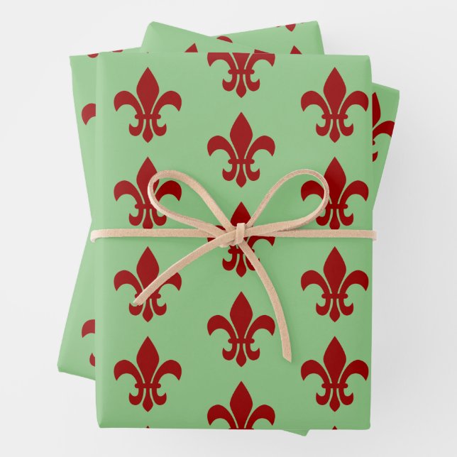 Feuille De Papier Cadeau Fleur De Lis Vert et Rouge (En situation)