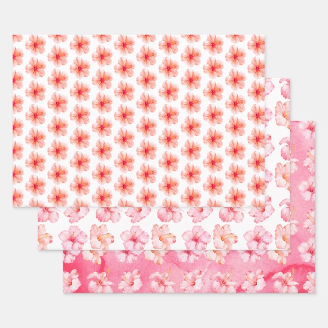 Feuille De Papier Cadeau Fleur d'Hibiscus de Pêche rose Tropical (Lot)