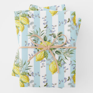 Feuille De Papier Cadeau Fleur d'Itale au citron florale rayée Méditerranée