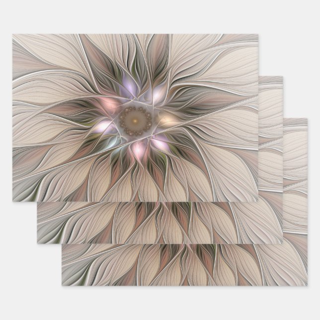 Feuille De Papier Cadeau Fleur joyeuse Abstrait Beige Marron Floral Fractal (Lot)