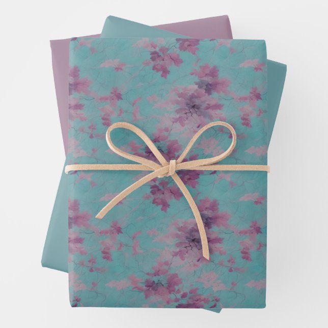 Feuille De Papier Cadeau Fleur Lilac et violet sur bleu (En situation)