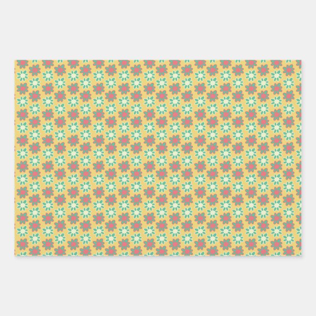 Feuille De Papier Cadeau Fleur rétro de couleur vive (Devant)
