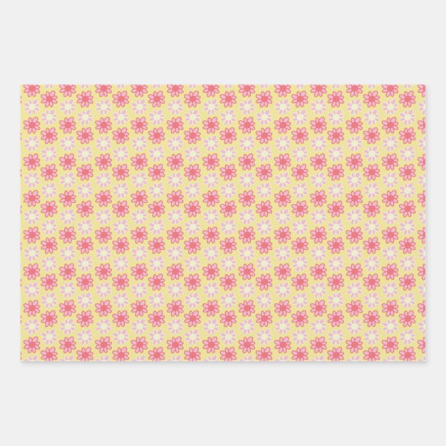 Feuille De Papier Cadeau fleur rétro jaune et rose (Devant)
