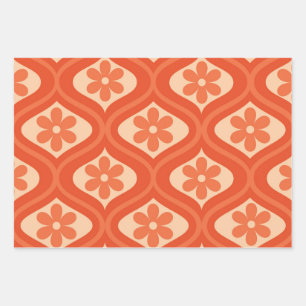 Feuille De Papier Cadeau Fleur rétro orange des années 70 sur motif en ogiv