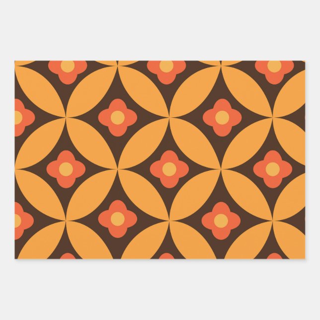 Feuille De Papier Cadeau Fleur rétro sur Mid Century Circles Orange (Devant)