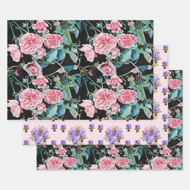 Feuille De Papier Cadeau Fleur rose rose Aquarelle Peinture Art Rose (Lot)