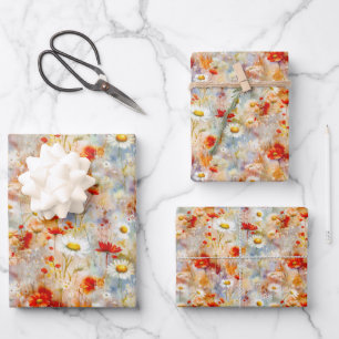 Feuille De Papier Cadeau Fleur sauvage Meadow Red Poppies Daisées