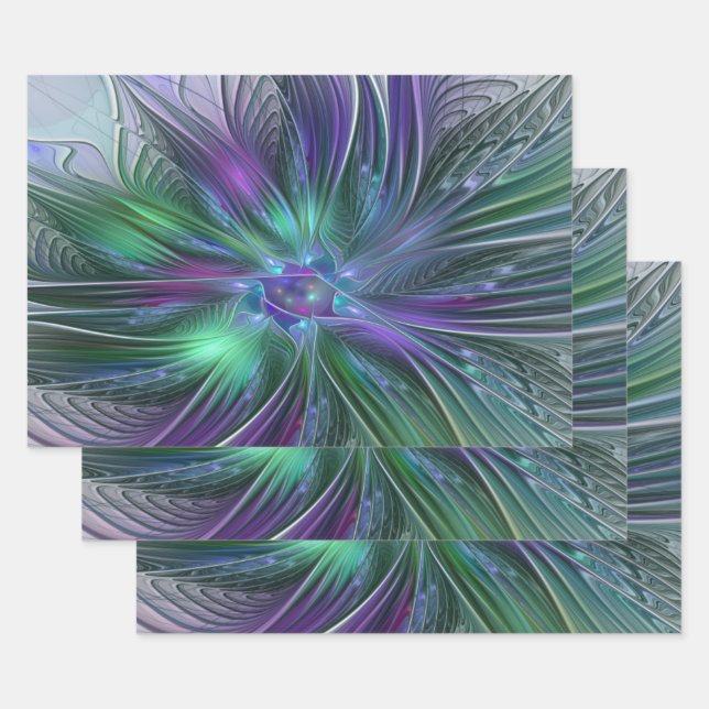 Feuille De Papier Cadeau Fleur verte abstraite moderne fractale violette (Lot)