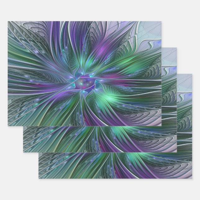 Feuille De Papier Cadeau Fleur verte abstraite moderne fractale violette (Lot)