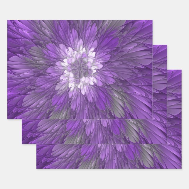 Feuille De Papier Cadeau Fleur Violette Psychedelique Art Fractal Abstrait (Lot)