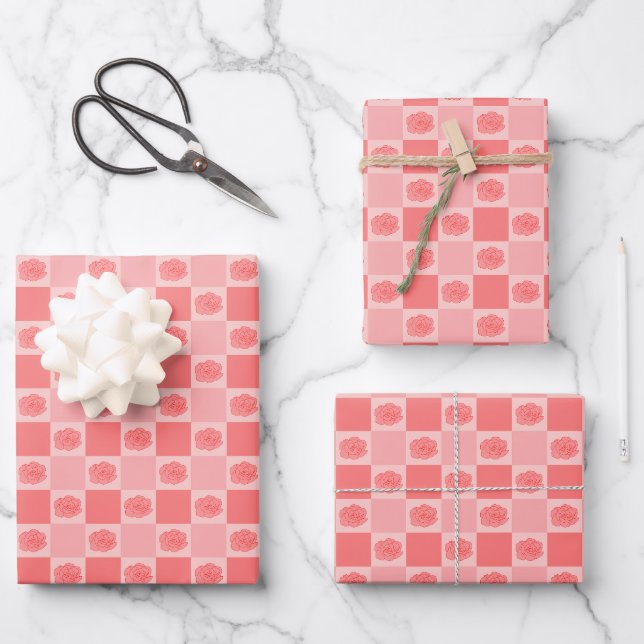 Feuille De Papier Cadeau Fleurs à carreaux roses (Recto)