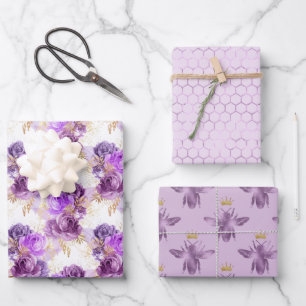 Feuille De Papier Cadeau Fleurs abeilles et peigne de miel