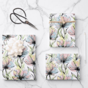 Feuille De Papier Cadeau Fleurs abstraites au stylo et à l'encre avec lavis