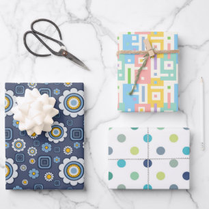 Feuille De Papier Cadeau Fleurs, Abstraits Et Points Colorés 