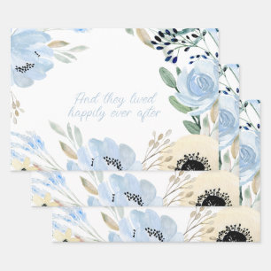 Feuille De Papier Cadeau Fleurs Aquarelle Bleues Cadre Personnalisé 