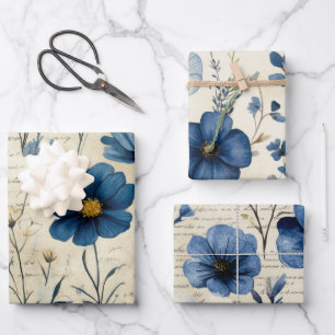 Feuille De Papier Cadeau Fleurs aquarelles bleues beige vintage antiques  