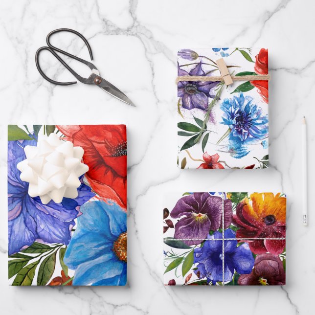 Feuille De Papier Cadeau Fleurs aquarelles colorées (Recto)