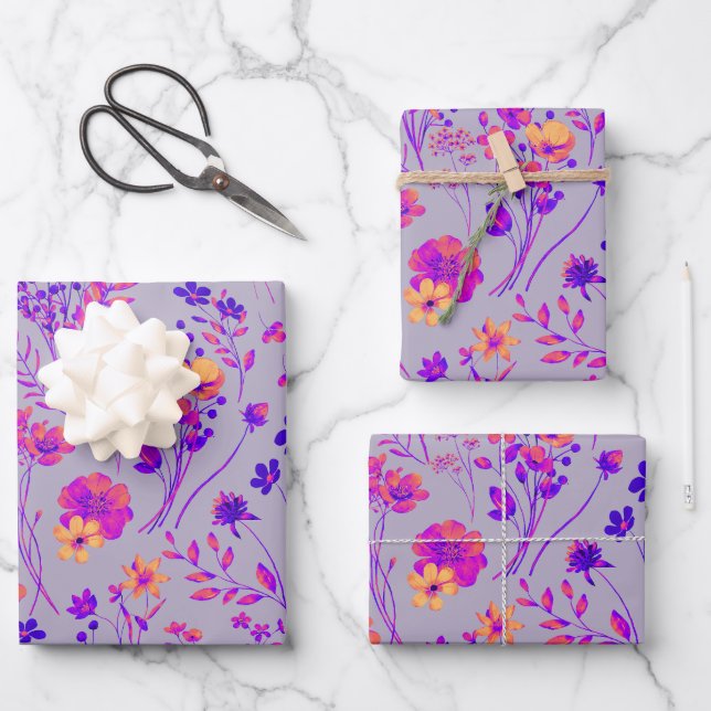 Feuille De Papier Cadeau Fleurs aquarelles roses néon et violettes audacieu (Recto)