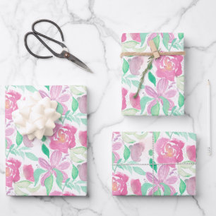 Feuille De Papier Cadeau Fleurs aquarelles roses roses motif peint à la mai