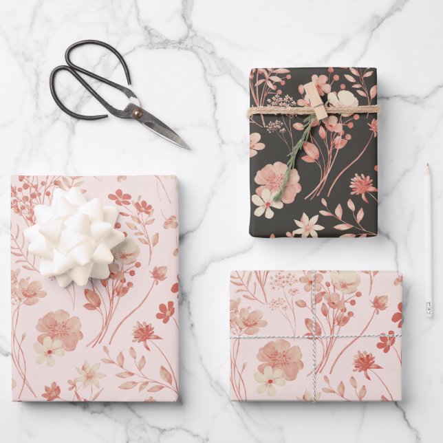 Feuille De Papier Cadeau Fleurs aquarelles rustiques à la crème de pêche pa (Recto)