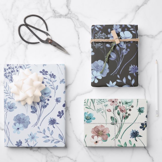 Feuille De Papier Cadeau Fleurs aquarelles rustiques bleu pastel et crème f (Recto)